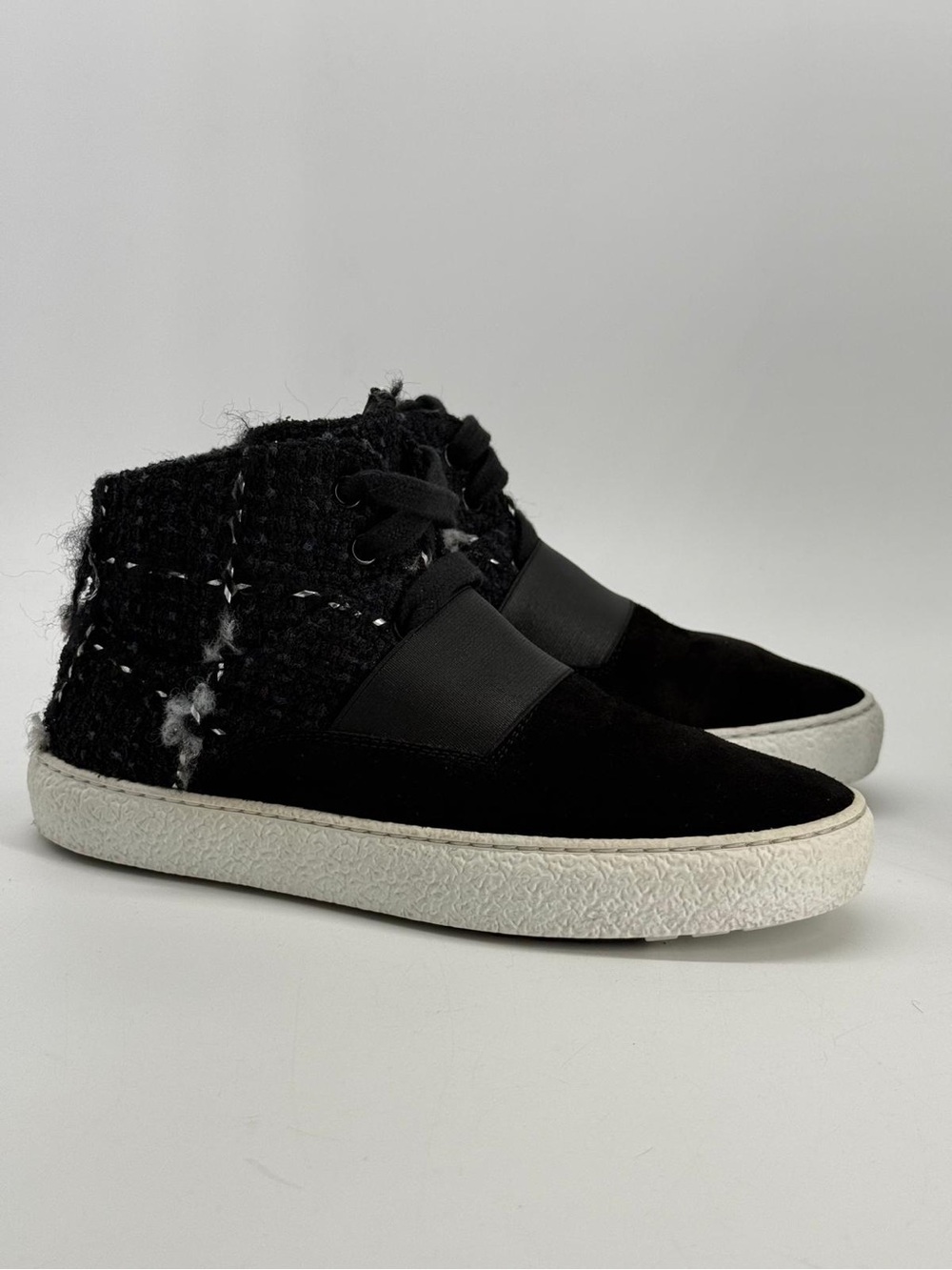 Chanel Black Suede Tweed Mid Top Lace-Up Sneakers Size 6.5